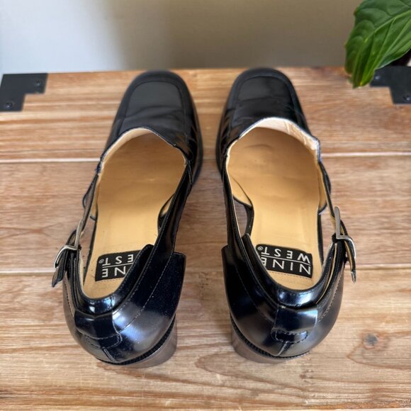 90s Vintage Nine West Jerry Square Toe Silver Buckle Block Block Heeled Loafer - Picture 12 of 16